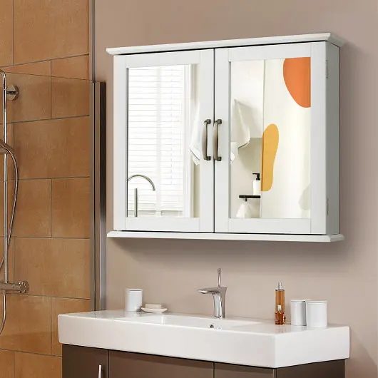 Costway 2-Tier Bathroom Wall, Mounted Mirror Storage Cabinet Handles, White, JV10668WH