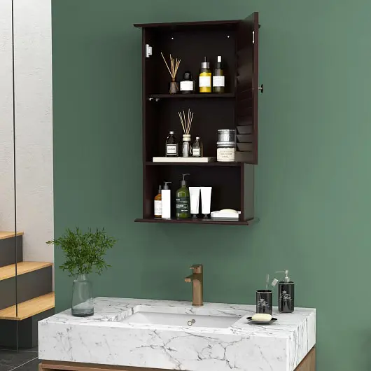 Costway Bathroom Wall Mount Storage Cabinet Single Door Height Adjustable Shelf, Rustic Brown, BA7597CF