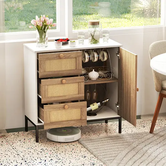 Costway CSA-Approved Rattan Sideboard Buffet Cabinet 1 Door and 3 Drawers, White, JV11254WH