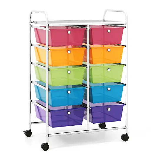 Costway Diamond-Pattern 10-Drawer Rolling Storage Cart-Transparent Multicolor, JV11073RB