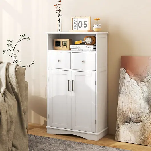 Costway 2 Doors Freeestanding Bathroom Floor Cabinet 2 Drawers and Adjustable Shelves, White, BA7885WH
