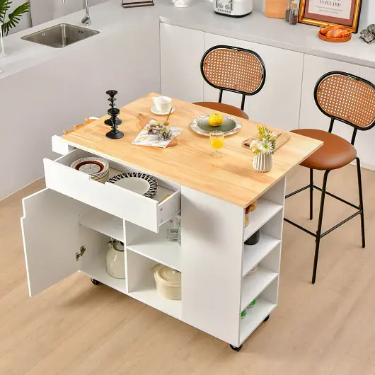 Costway Drop, Leaf Kitchen Island Rubber Wood Top, White, KC55460WH+