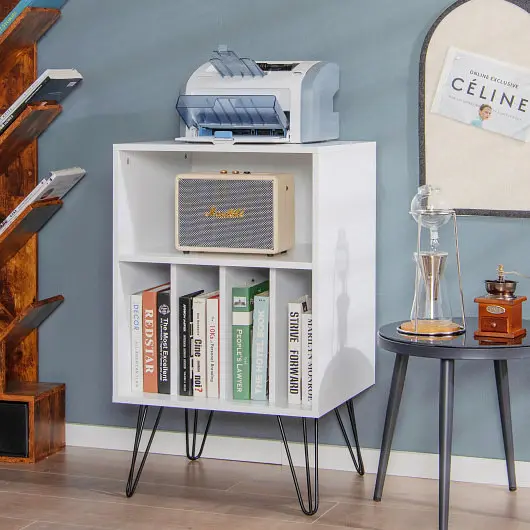 Costway Freestanding Record Player Stand Record Storage Cabinet Metal Legs, Bright White, HW63116WH