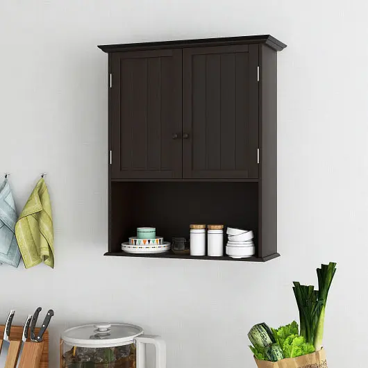Costway Improved 2-Door Wall Mount Bathroom Storage Cabinet Open Shelf-Espresso, HW66930CF
