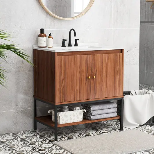 Costway 31 Inch Bathroom Vanity Sink Combo Doors and Open Shelf, Walnut, BA7901WT+
