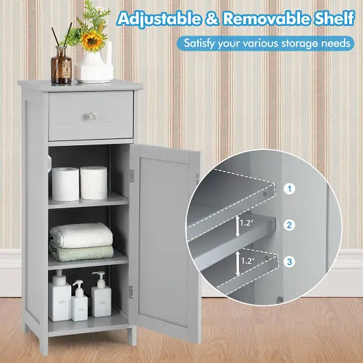 Costway Industrial-Strength Wooden Bathroom Floor Storage Cabinet Drawer and Shelf, Gray, HW66003GR