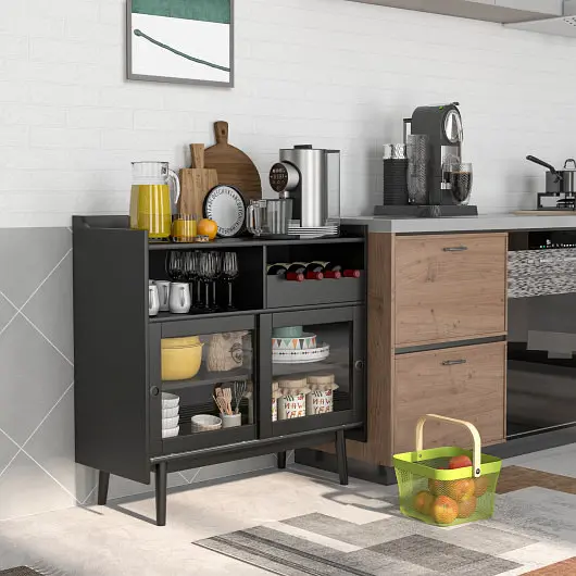 Costway Kitchen Buffet Sideboard Wine Rack and Sliding Door, Black, JV10339BK