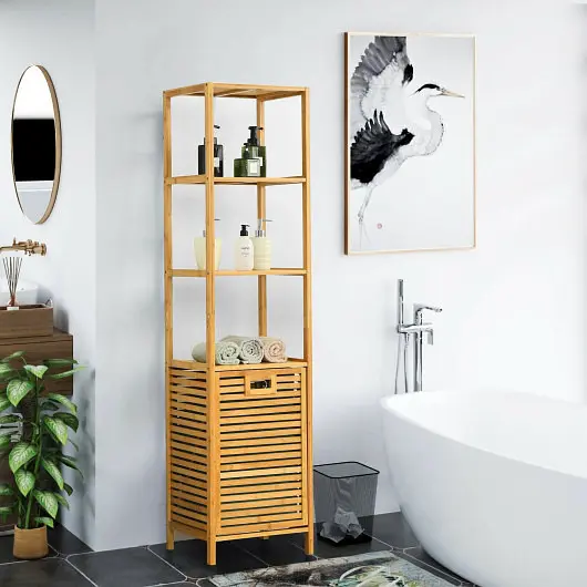 Costway Knurled Bamboo Tower Hamper Arranger 3-Tier Storage Shelves, Natural, HW66866NA