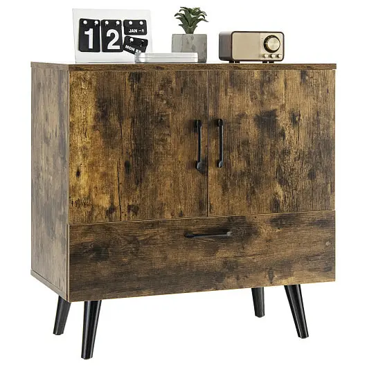 Costway Mid Century Storage Cabinet 2 Doors and 1 Pull-out Drawer, Rustic Tan, JV10269CF
