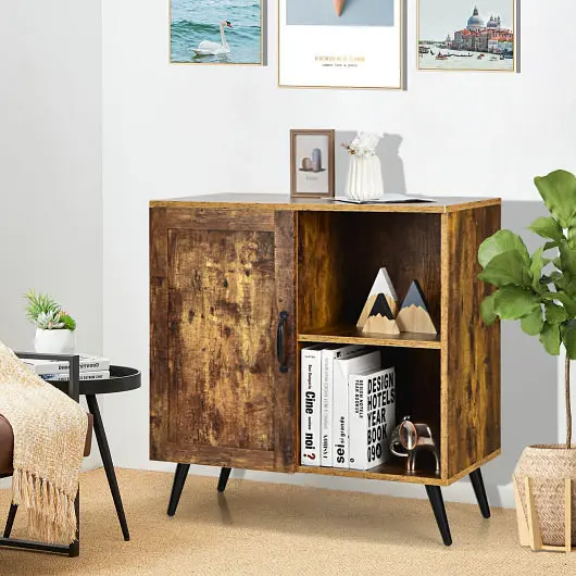 Costway Mid-century Storage Cabinet Single Door and Adjustable Shelves, Rustic Beige, HV10125CF