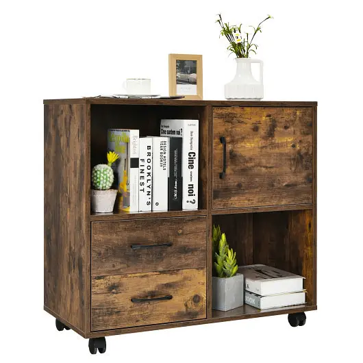 Costway Mobile File Cabinet Lateral Printer Stand and Storage Shelves, Brown, CB10237CF