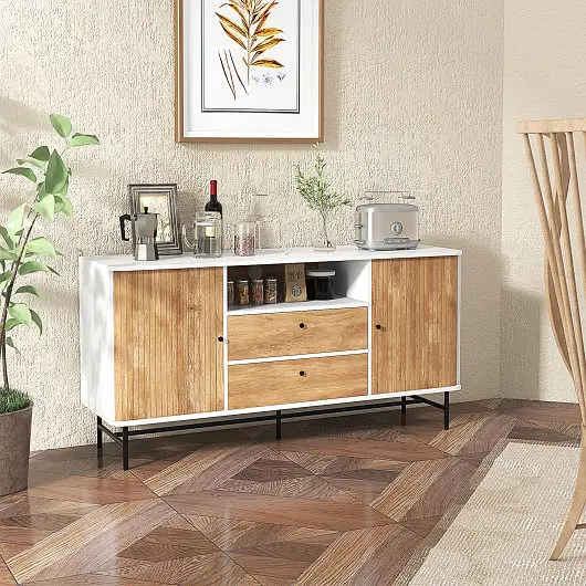 Costway Premium Mid Century Modern Buffet Sideboard Sliding Tambour Doors and 2 Storage Drawers, White, JV11102WH