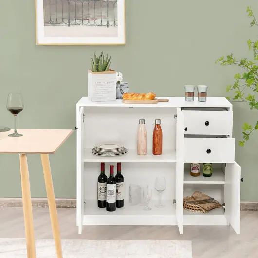 Costway Reflective Modern Buffet Sideboard 2 Pull-out Drawers and Adjustable Shelf Kitchen, Off-White, JZ10118WH