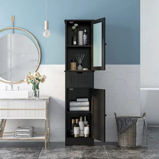 Costway Rust-Resistant Tall Floor Storage Cabinet 2 Doors and 1 Drawer Bathroom, Black, JV10679DK