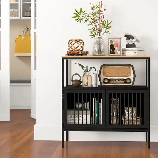 Costway Small Kitchen Buffet Cabinet 2 Doors and Open Shelf, Black, JV10504BK