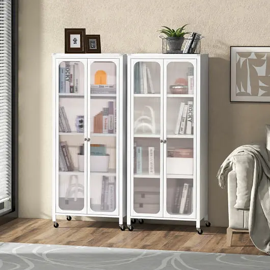Costway Superior Glass Doors Storage Cabinet Wheels and Adjustable Shelves, Bright White, JV11315WH