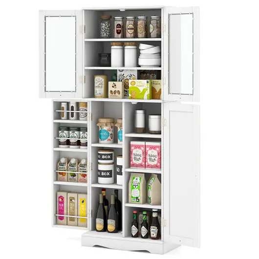 Costway Tall Kitchen Pantry Cabinet Dual Tempered Glass Doors and Shelves, White, KC55529WH