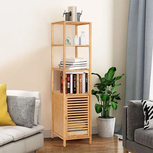 Costway 4 Tiers Slim Bamboo Floor Storage Cabinet Shutter Door and Anti-Toppling Device, Natural, JZ10034NA