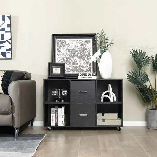 Costway Tool-Free 2 Drawer Wood Mobile Flat File Cabinet 4 Open Compartments, Black, HW66458BK