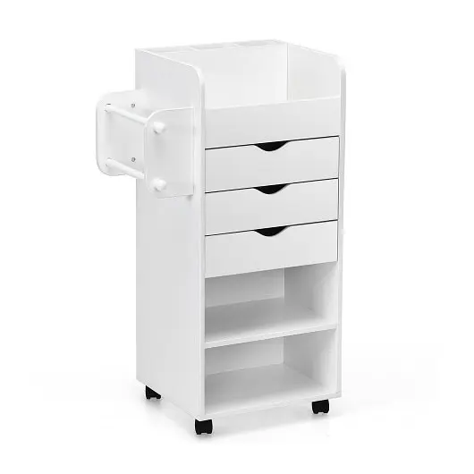 Costway Wooden Functionality Coiling Craft Storage Cart Lockable Casters, White, HW67316WH