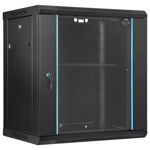 VEVOR 12U Wall Mount Network Server Cabinet Locking Glass Door, 15.5" Deep, WLJJGHB12U155L3S8V0