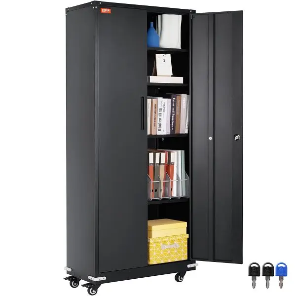 VEVOR Wear-Resistant Metal Storage Cabinet Wheels, 75 Locking Cabinet 4 Adjustable Shelves & 2 Magnetic Doors, DXCWJCQ...
