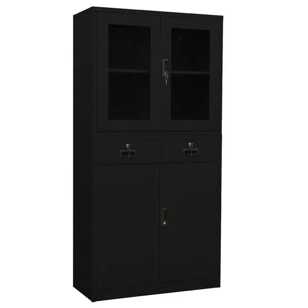 vidaXL Office Cabinet Black 35.4"x15.7"x70.9" Steel and Tempered Glass, 336423