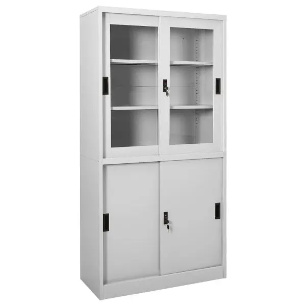 vidaXL Office Cabinet Sliding Door Light Gray 35.4"x15.7"x70.9" Spring Steel, glass doors, 335963
