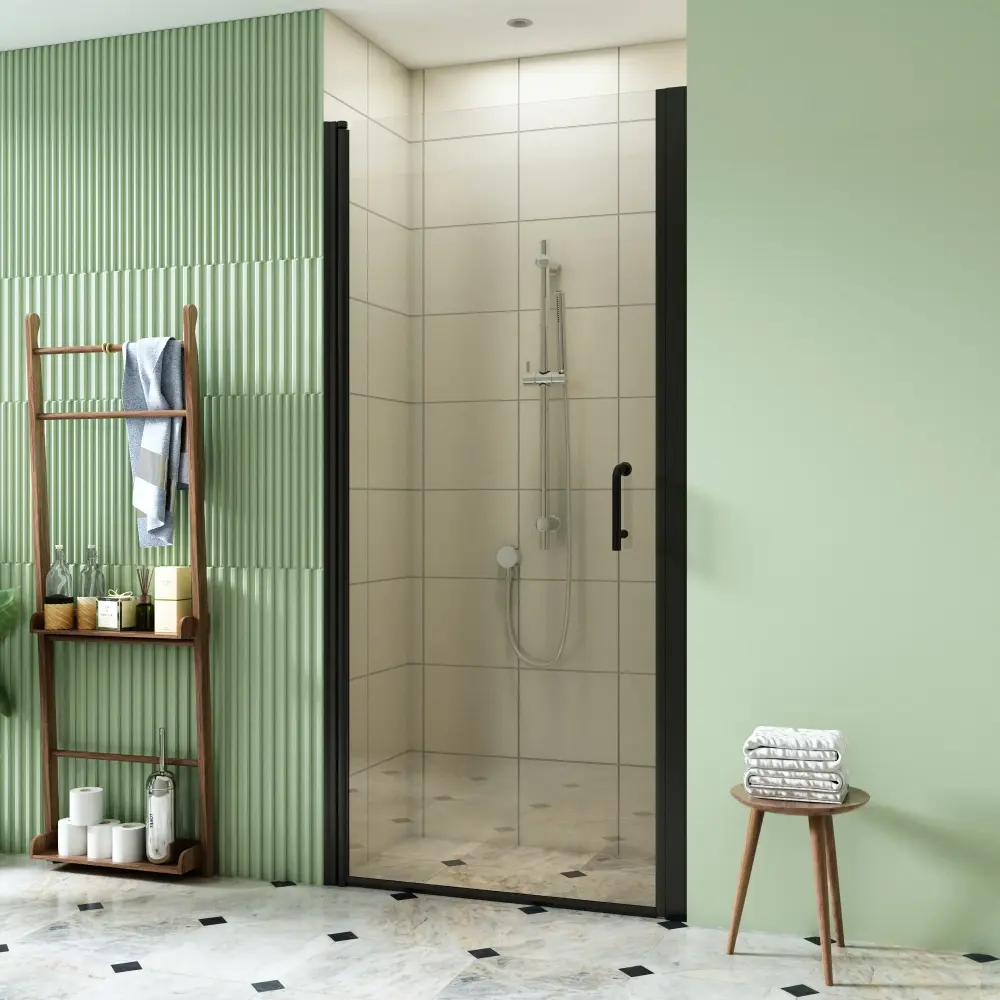 30-31 1/4'' . W x 72 . H Pivot Swing Minimalist Frameless Shower Door Low-sheen Black Clear Glass