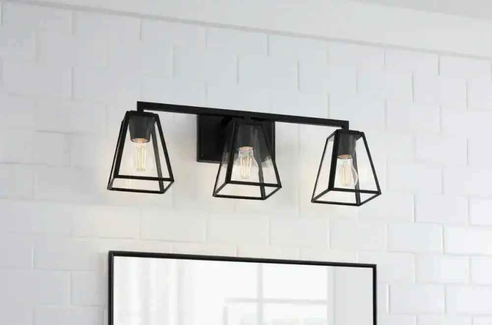 24 . 3-Light Flat Black Bathroom Vanity Light Clear Glass Shades