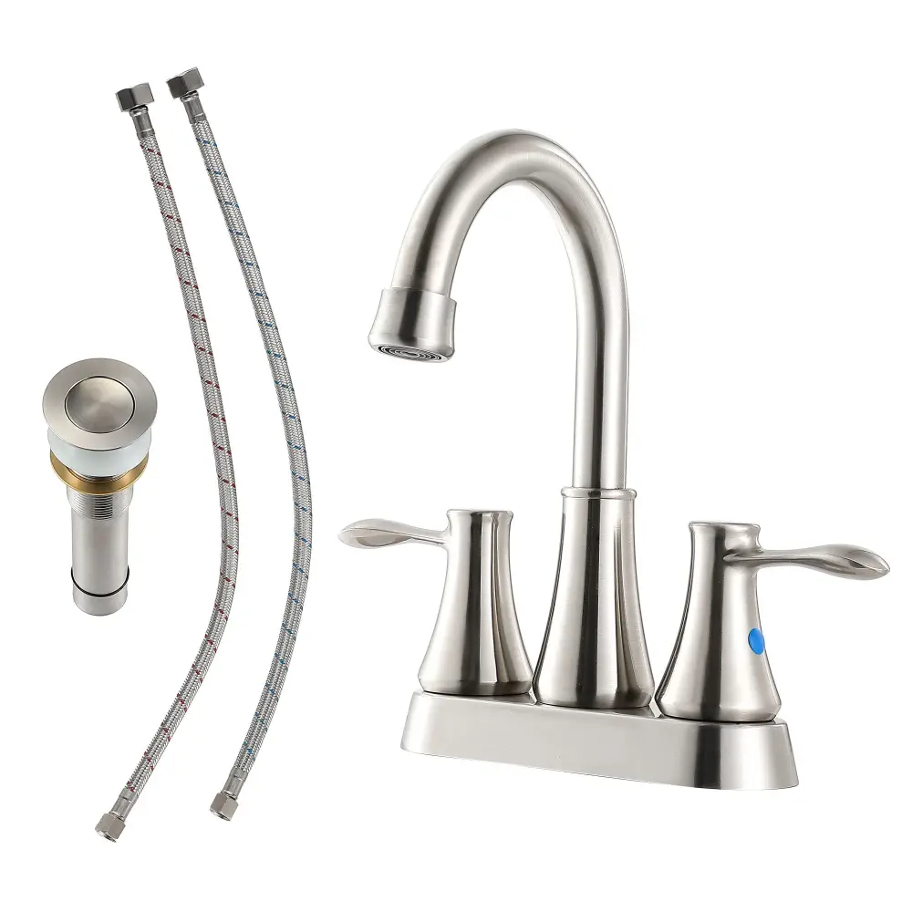 4" Centerset Bathroom Faucet Pop Up Drain And Water Supply Lines - Satin-brushed Nickel
