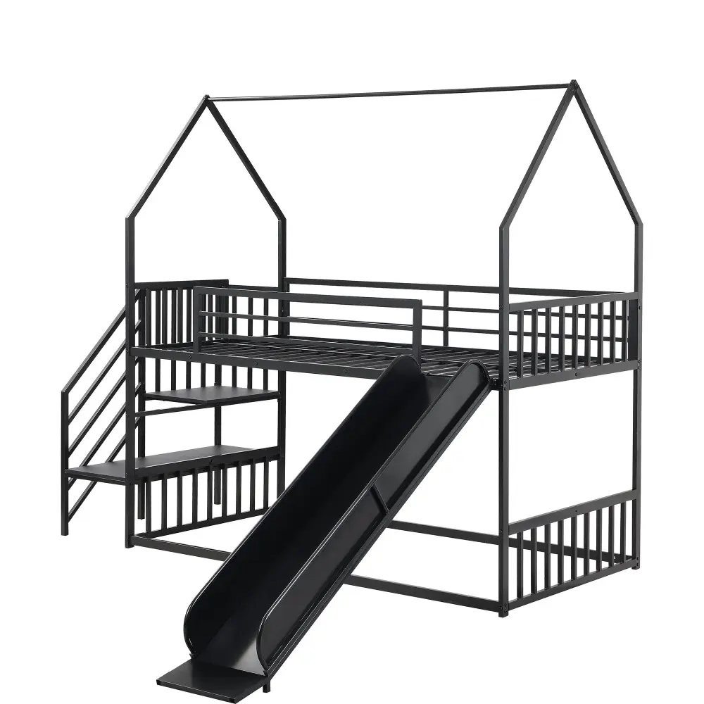 Laser Level Twin Over Twin Metallic Bunk Bed House Bed Slide And Staircase