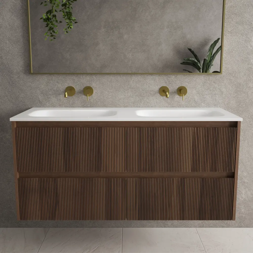 Scanalato Four Drawer Vanity Unit Beyondstone Dual Basin - Walnut 1200mm