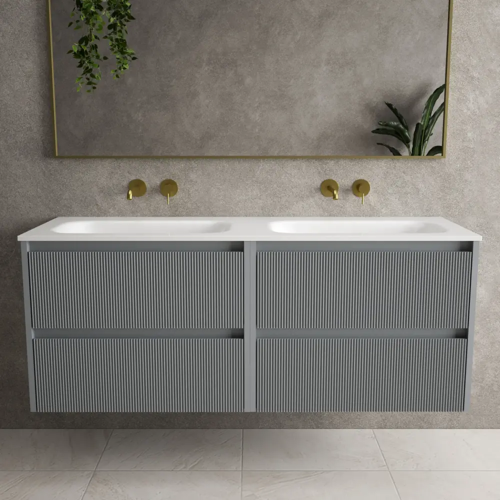 Scanalato Four Drawer Vanity Unit Beyondstone Paired Basin - Dove Grey 1400mm