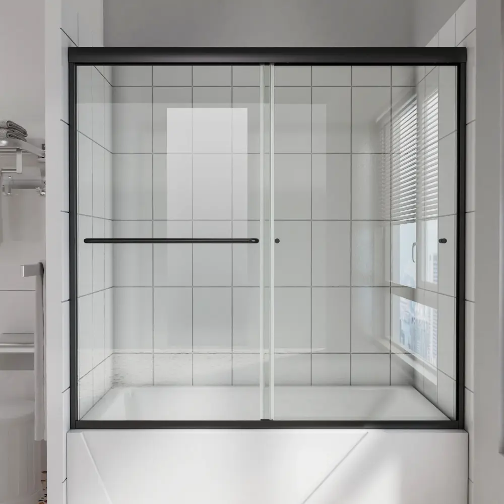 60 . W x 58 . H Sliding Frameless Shower Door Black Lucid Glass