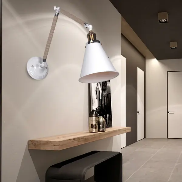 Conical Indoor Wall Airy Fixture Industrial Style Metal and Rope 1 Head White Wall Lamp Adjustable Arm Hallway or Stairway