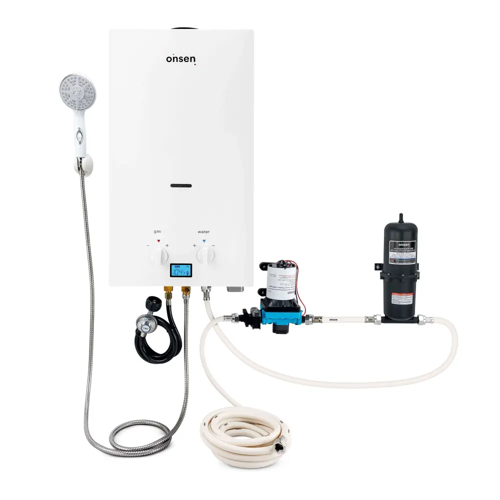 Onsen 10L Outdoor Propane Mobile Tankless Water Heater 2.6 Gal/Min 75K BTU Pump, Accumulator & Hose Kit