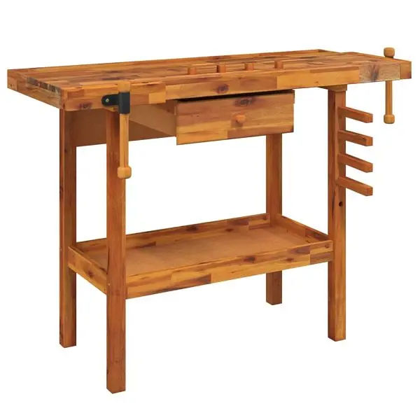 vidaXL Workbench Drawer and Vices 48.8"x20.5"x32.7" Solid Wood Acacia, Chocolate colored, 153320