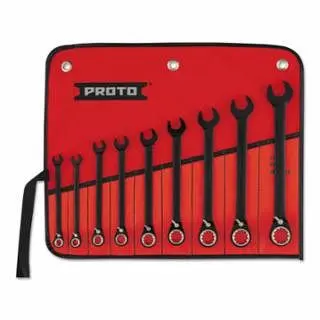 Proto 9 Pc Reversible Combination Ratcheting Open-End Wrench Set, Alloy Metal Steel, Black Chrome, JSCVS-9S