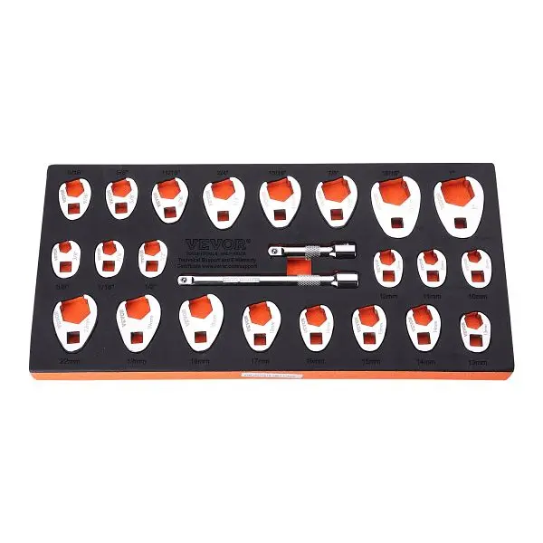 VEVOR 3/8" Drive Crowfoot Box-End Wrench Set 2 Extension Bars, 24-Piece Crows Foot Wrench Set, LBXBSTZ38000V07U3V0