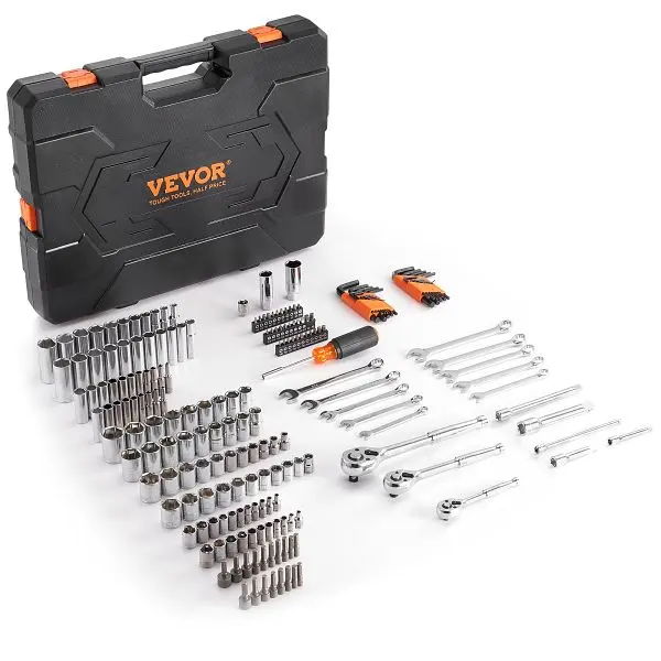 VEVOR Secure Mechanics Tool Set and Socket Set, 1/4" 3/8" 1/2" Drive Deep and Quality Sockets, 205 Pieces, ...